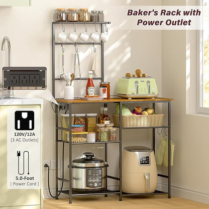 Bakers Rack with Power Outlet, Kitchen Microwave Stand with 10 S-shaped Hooks, 6-Tier Coffee Bar Station, Kitchen Storage Shelf Rack for Spices, Pots, Rustic Brown