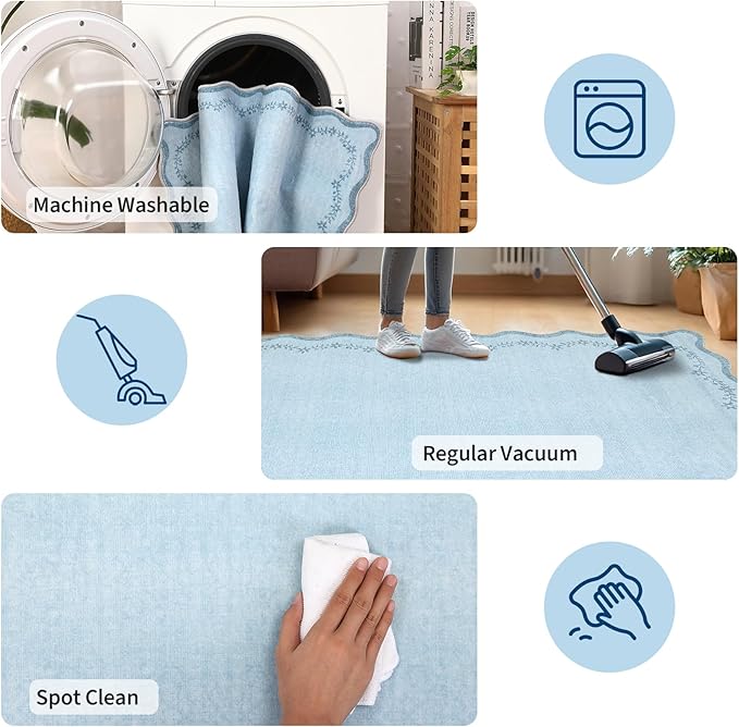GarveeHome 2x6 Valentines Scalloped Washable Runner Rug for Kitchen, Soft Blue Hallway Runner Non Slip Entryway Rug Farmhouse Thin Laundry Mat Stain Resistant Carpet for Bedroom Bathroom Beside Rug