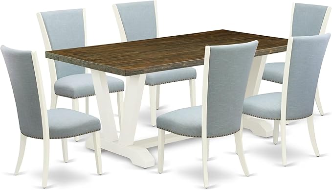 East West Furniture V077VE215-7 7 Piece Dining Table Set Consist of a Rectangle Wooden Table with V-Legs and 6 Baby Blue Linen Fabric Parson Dining Room Chairs, 40x72 Inch, Multi-Color