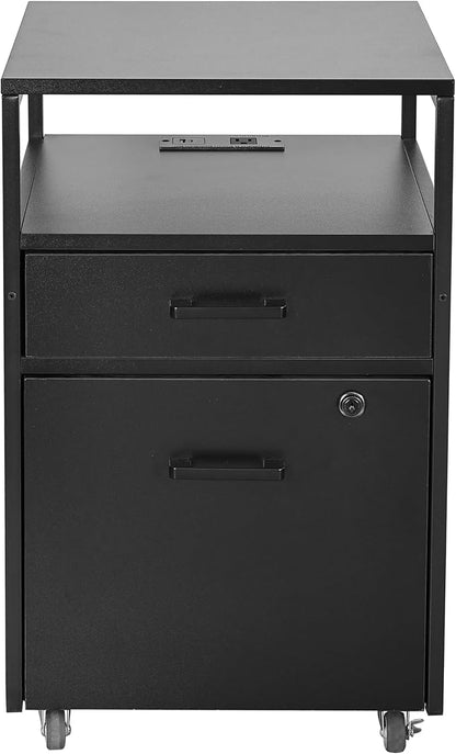 Techni Mobili Modern 2-Drawer Rolling File Cabinet with Lock, 2 USB Ports and Power Outlet for Device Charging, Portable File Organizer or Printer Stand for Office or Home with Locking Wheels, Black