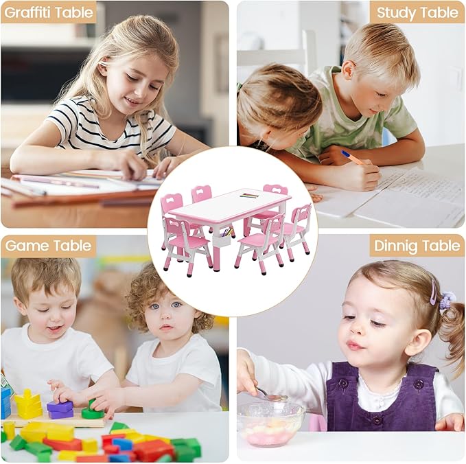 GarveeHome Kids Table and 6 Chairs Set, Height Adjustable Toddler Table and Chair Set, Graffiti Desktop, Children Study Play Dinner Table for Home Daycare Preschool for Ages 2-8, Pink