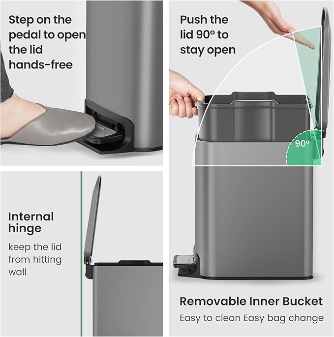Cesun Small Bathroom Trash Can with Lid Soft Close, Step Pedal, 6 Liter / 1.6 Gallon Stainless Steel Garbage Can with Removable Inner Bucket, Anti-Fingerprint Finish (Gray)