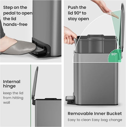 Cesun Small Bathroom Trash Can with Lid Soft Close, Step Pedal, 6 Liter / 1.6 Gallon Stainless Steel Garbage Can with Removable Inner Bucket, Anti-Fingerprint Finish (Gray)