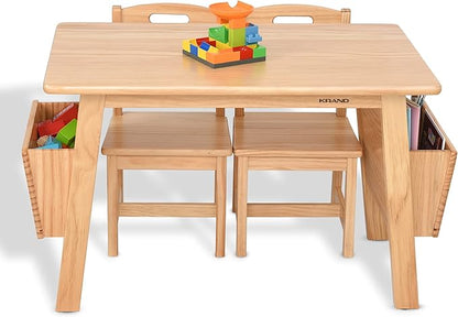 Kids Solid Wood Table and 2 Chair Set with Storage Desk and Chair Set for Children Toddler Activity Table (Solid Wood/Natural)