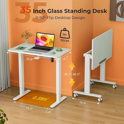 35inch Glass Standing Desk，90° Tiltable Mobile Rising Desk Height Adjustable，Whole Piece Rolling Sit Stand Table with Wheels，Foldable Small Laptop Desk，White
