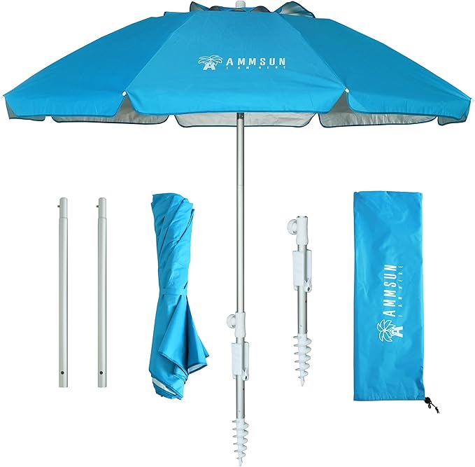 AMMSUN 6.5ft Twice Folded Portable beach umbrella with Sand Anchor Windproof Tilt Pole Air vent UPF 50+ Protection Fits in a large Suitcase Compact For Travel Patio Garden Pool Backyard Sky Blue