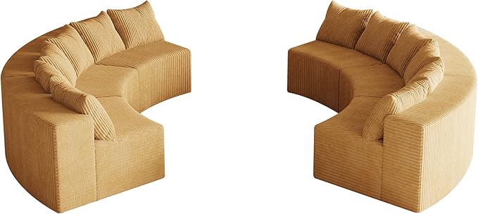 KEIKI Corduroy Curved Sectional Sofa, 6 Seater Symmetrical Modular Semi Circular Couch, Deep Seat Tufted Corner Sofa for Living Room, Lobby, Yellow