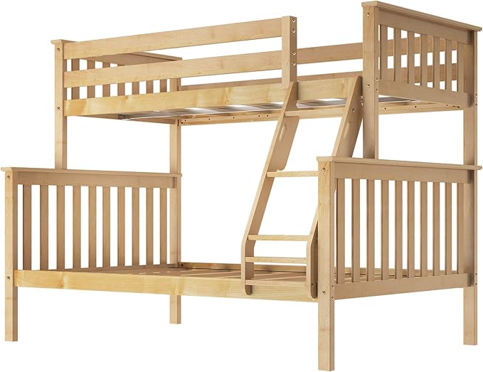 Max & Lily Bunk Bed Twin Over Full Size with Ladder, Solid Wood Platform Bed Frame with Ladder for Kids, 14" Safety Guardrails, Easy Assembly, No Box Spring Needed, Natural