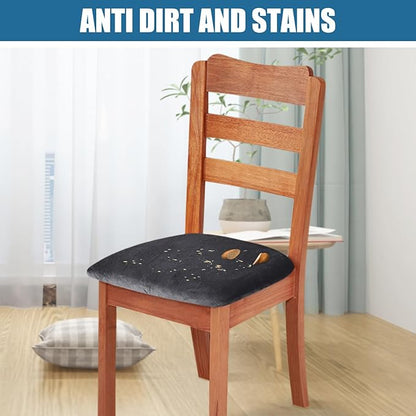 Smiry Velvet Seat Covers for Dining Room Chair Set of 4, Stretch Fit Removable Washable Chair Seat Cushion Protector Slipcovers with Ties, Dark Grey
