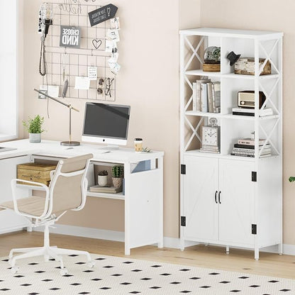 FATORRI Tall Bookshelf and Bookcase, Industrial Bookshelf with Doors, Bookcase with Storage, Cube Storage Organizer Bookshelves, Wood Book Shelf for Living Room, Home Office (White Oak, 67 Inch)
