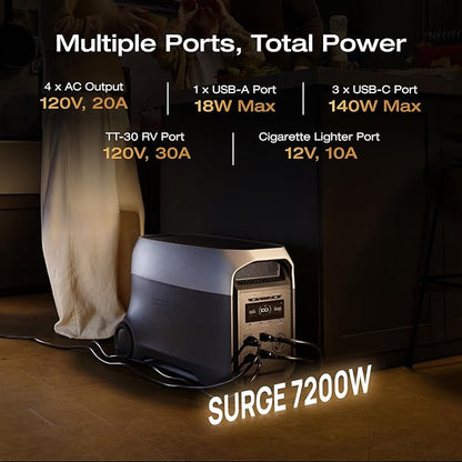 EF EcoFlow DELTA 3 Ultra Portable Power Station with 400W Solar Panel, 3072Wh LiFePO4 Battery, 3600W (Surge 7200W) Output, Solar Generator for Home Use, Camping Accessories, Emergencies & RV Backup