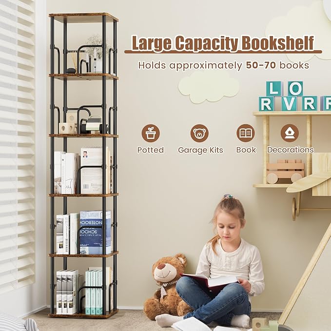 5 Tier Square Rotating Bookshelf, 360 ° Display Stackable Spinning Bookshelf Tower, Space Saving Tall Floor Standing Swivel Bookcase Corner Storage Organizer for Living Room, Rustic Brown, Small Size