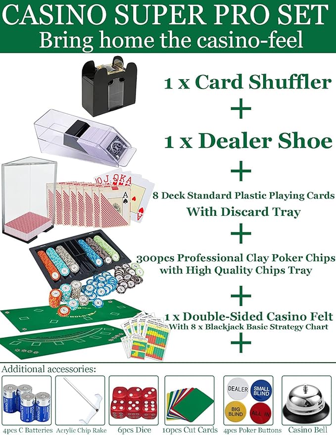 Ultimate Casino Game Set: 6 Deck Shuffler+300pc Hi-End Chips+8 Pro Plastic Poker Card+Card Shoe+Chip Rake+Felt+Accessories, Blackjack Set & Texas Holdem Kit, Poker Night Kit for Adult Casino Party