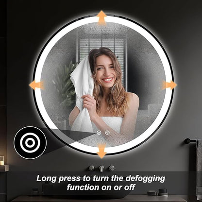 Simple Deluxe Round LED Bathroom Mirror with Lights, Smart Anti-Fog LED Bathroom Mirror with Circular Dual Lights and 3-Color Temperature Memory dimming (30inch)