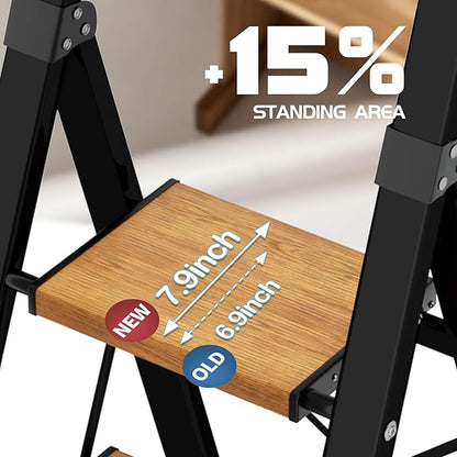 5 Step Ladder, Lightweight Folding Step Stool with Anti-Slip Aluminum Wide Pedal& Convenient Handgrip, 330lbs Capacity Steel Ladder for Household and Office (Black&Woodgrain)
