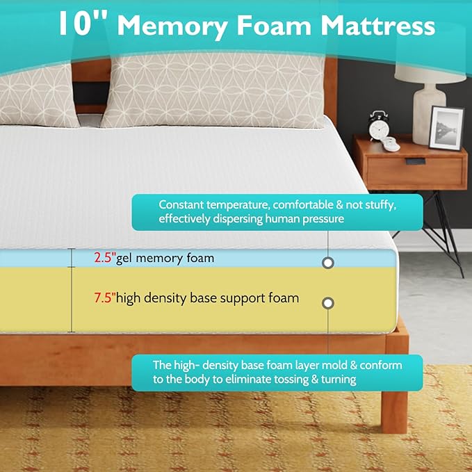FDW | 10 Inch California King Mattress | Medium Firm | Gel Memory Foam Mattress | White | Bed in a Box, CertiPUR-US Certified | Pressure Relief, Cooling Ventilated Foam | Washable Removable Cover