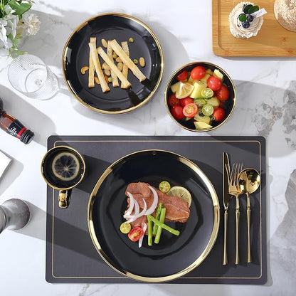 Dinner Plates, Set of 6, 10 inch, Black Porcelain with Gold Trim, Black Plates, Gold Ceramic Plates, Ideal for Desserts and Appetizers.