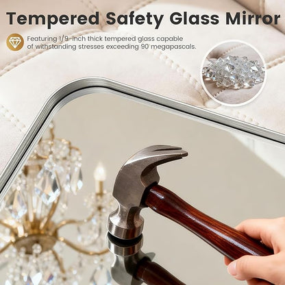 22X32 Inch Brushed Nickel Bathroom Mirror for Wall, Brushed Silver Metal Framed Mirror, Rounded Rectangle Silver Bathroom Mirrors, Tempered Glass, Anti-Rust, Hangs Horizontally or Vertically