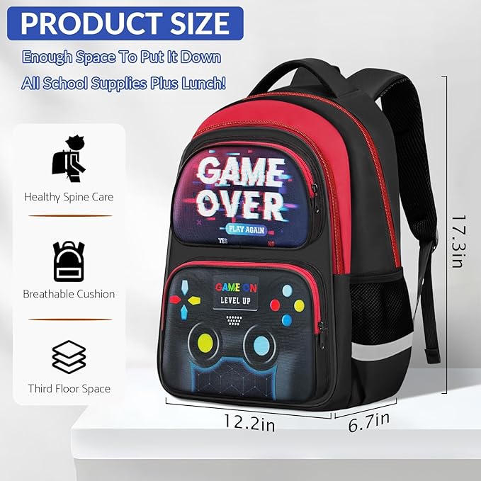 School Backpack for Boys - Gamer Boys Backpack for Kids Children Teens Elementary Middle School - 17″ Video Game Bookbag Travel Back Pack for Age 6-18