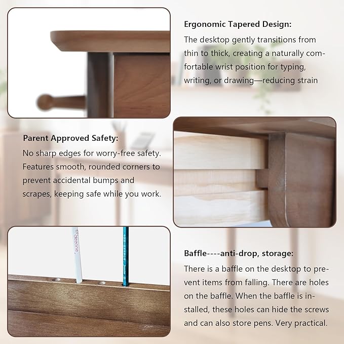 Oak Desk with Drawers, Solid Wood Desk with Bookshelf Small Computer Desk for Small Spaces Mid-Century Modern Wood Writing Desk with 2 Drawers for Home Office 39"
