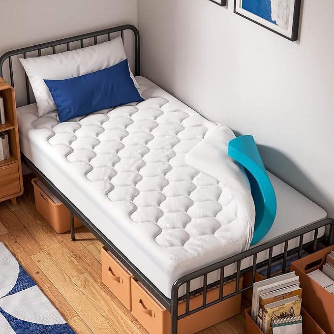 OhGeni Cooling 4 inch Dual Layer Twin XL Mattress Topper for College Dorm Room Essentials, 2 inch Gel Memory Foam, 2 inch Down Alternative Pillow Top Pad, Mattresses Cover for Bed, 6”-19” Deep Pocket