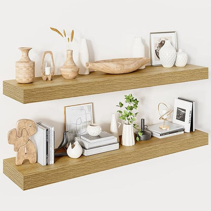 Heimlove 40 Inches Floating Shelves for Wall,9.3" Deep Oak Long Floating Shelves Set of 2,Large Display & Storage Shelf,Wall Shelf for Bathroom Bedroom Living Room Kitchen Office