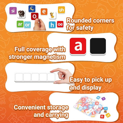 140 Phonics Magnetic Letters Tiles,Learning Letter with Magnet Spelling Board Phonics Games Letter Tiles Phonemic Awareness Alphabet Magnets Magnetic Elkonin Box for Preschool Kindergarten Classroom