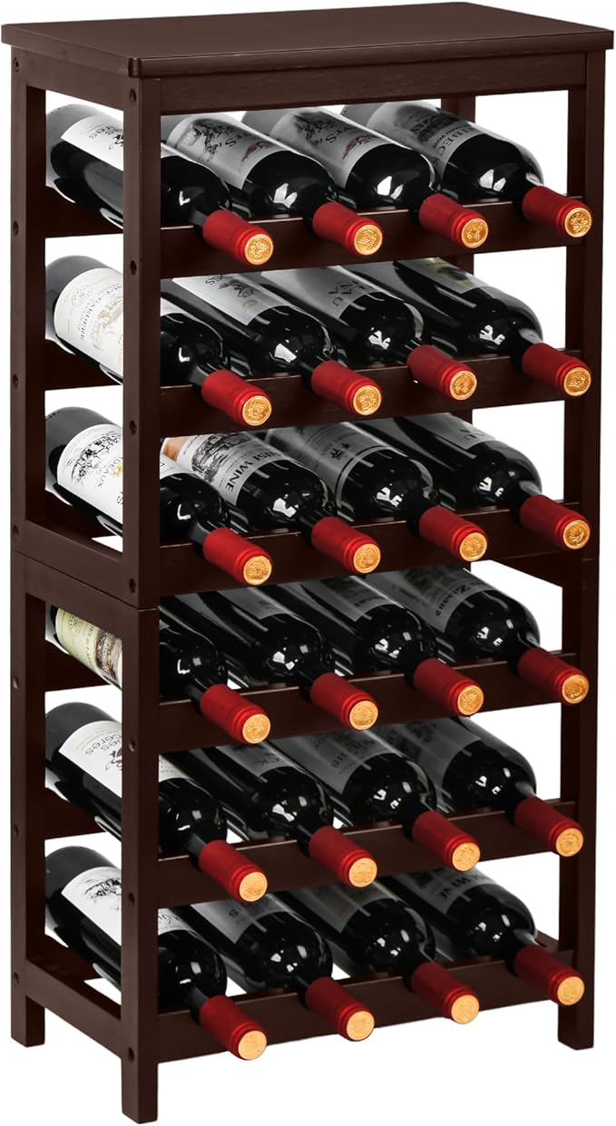 VASMIA Wine Rack Free Standing Floor, 6-Tier Display Wine Storage Shelves with Table Top, 24-Bottle Bamboo Wine Rack Shelf for Kitchen Bar Dining Room Living Room, Brown