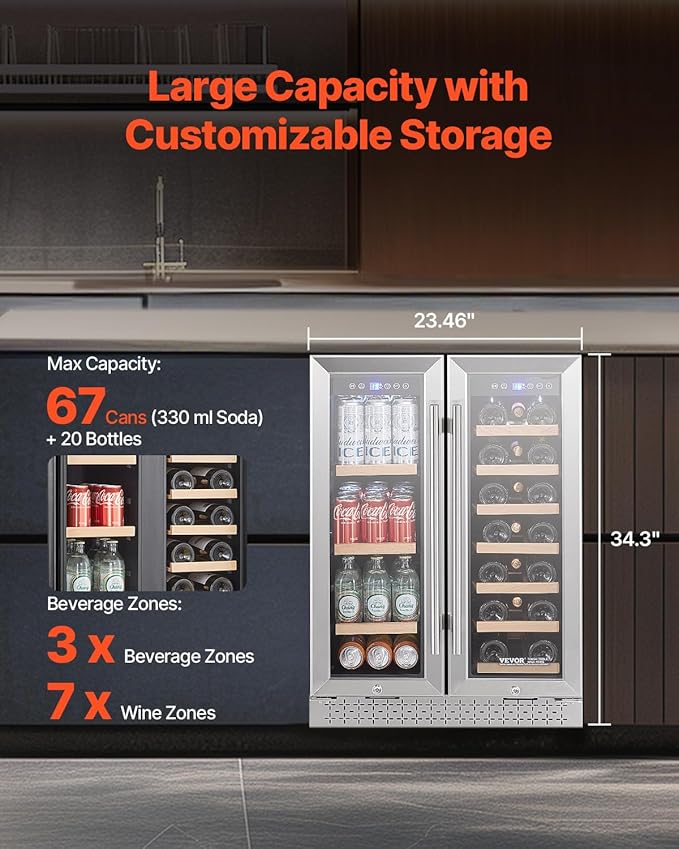 VEVOR Wine and Beverage Refrigerator, 24 in Dual Zone Wine Cooler, Built-in & Freestanding Fridge with Glass Doors, Adjustable Shelves, Digital Temperature Control, 64 Cans and 20 Bottles Capacity