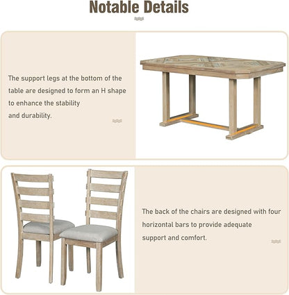 Merax 6-Piece Rubber Wood Dining Table Set with 4 Cushioned Chairs and Bench, Beautiful Wooden Grain Pattern Tabletop, Natural Wood Wash