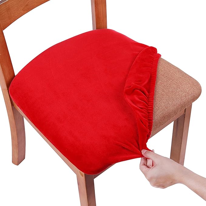Smiry Velvet Seat Covers for Dining Room Chair Set of 4, Stretch Fit Removable Washable Chair Seat Cushion Protector Slipcovers with Ties, Red