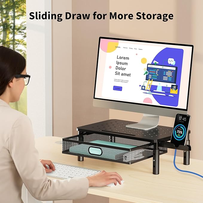 Zimilar 2 Pack Monitor Stand Riser with Metal Drawer, 3 Height Adjustable Monitor Riser with Phone Holder for Printer, Laptop, Premium Metal Computer Monitor Stand with Storage for 2 Monitors