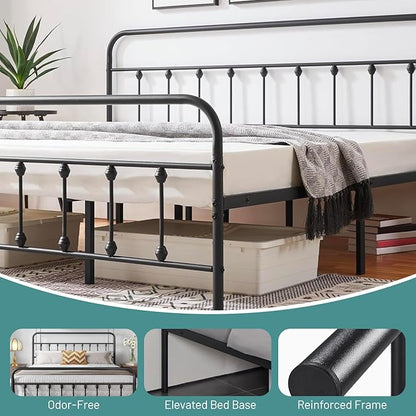 Queen Bed Frame-Classic Metal Platform Bed Frame Mattress Foundation with Victorian Style Iron-Art Headboard/Footboard/Under Bed Storage/No Box Spring Needed/Black