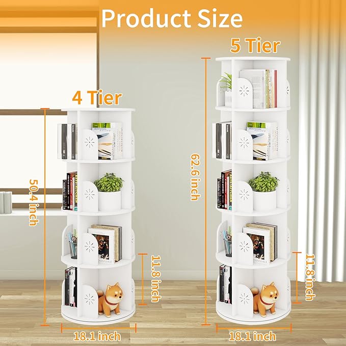 Hestiasko 5 Tier Rotating Bookshelf, 360 Rotating Bookcase, Spinning Bookshelf Tower for Kids & Adults, Corner Book Shelf for Small Space, Revolving Bookcase for Bedroom, Living Room, White