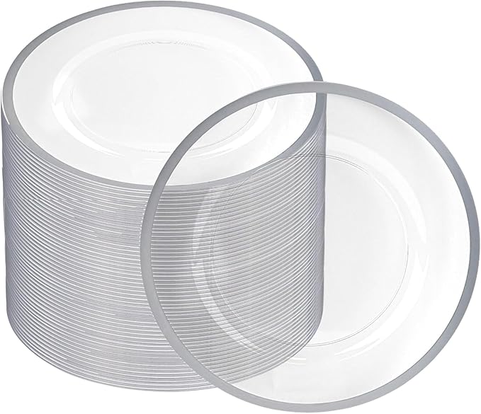 PARTY BARGAINS 13-Inch Charger Plates - 48 Pack, Clear Silver Rim, Heavy-Duty Disposable Chargers for Elegant Dining - Ideal for Weddings and Formal Events