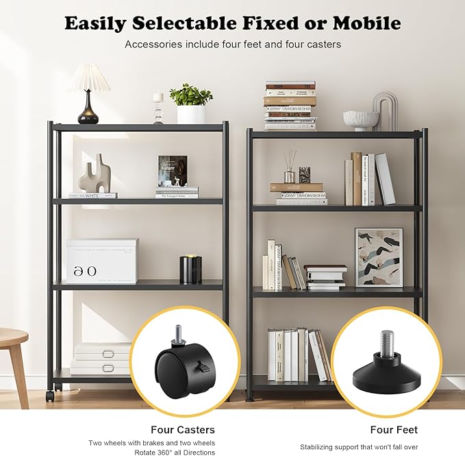 ZZL 4 Tier Bookshelf 31.49" Width,Book Organizers and Storage w/Wheels,Rustic Industrial Book Shelves for Home Office,Bedroom,School,Living Room(Black)