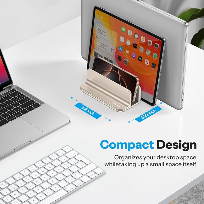 OMOTON 3-Slot Vertical Laptop Stand, Desktop Aluminum Stand for MacBook with Adjustable Dock Size, Fits All MacBook, Surface, Chromebook and Gaming Laptops (Up to 17.3 inches), Starlight
