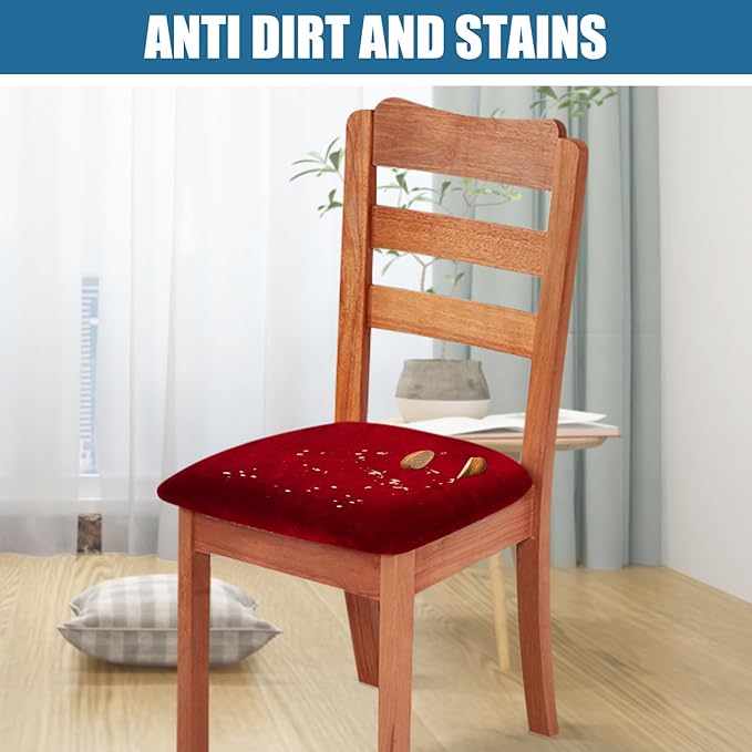 Smiry Velvet Seat Covers for Dining Room Chair Set of 2, Stretch Fit Removable Washable Chair Seat Cushion Protector Slipcovers with Ties, Wine Red