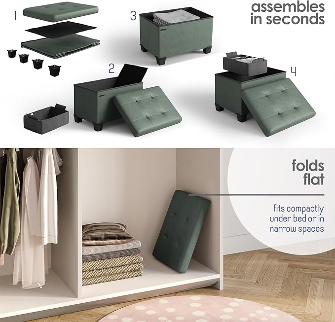 STORAGEBUD Storage Ottoman Cube with Small Bin, 16-in Square Ottoman with Storage for Living Room and Bedroom, Small Ottomans Foot Rest, Faux Leather Foot Stools Ottomans Max 330lbs, Green