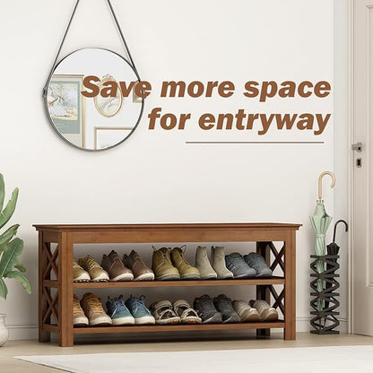 Bamworld Shoe Rack Bench with Storage 3 Tier Bamboo Shoe Bench Entryway Rustic Solid Wood Entryway Bench (X-Brown,39.4")