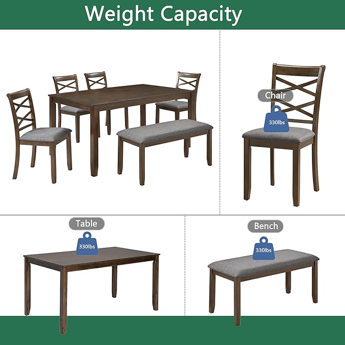 soges 6 Piece Kitchen Dining Set, Rectangular Wooden Dining Table with 4 Upholstered Chairs and a Bench, Morden Dining Table Set for 6 People, Living Room, Home Bar and Kitchen, Walnut
