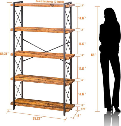 Bookshelf, 5 Tier Book Shelf, Industrial Tall Bookcase for Living Room, Home Office and Kitchen