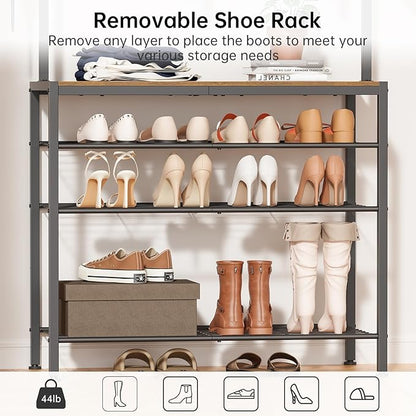 Hall Tree, Entryway Shoe Rack with Coat Rack, 5 Tier Adjustable Shoe Storage with 45.7" Long Coat Rack for Front Door, Garage, Closet, Freestanding, Industrial, Rustic Brown and Ink Black