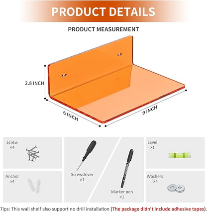 9 Inch Orange Wall Shelves, Acrylic Wall Mounting Ledges Display, Acrylic Display Wall Shelf for Funko Pop Figures, Collectibles, Plants, Décor, Toiletries, Spices, 2 Pack