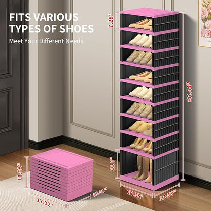 9-Tier Foldable Shoe Rack Organizer for Closet,18 Pairs Collapsible Plastic Shoe Shelf,Clear Stackable Shoe Storage Boxes with Door Easy Assembly,Shoe Cabinet with Lids Large（Black-Pink）