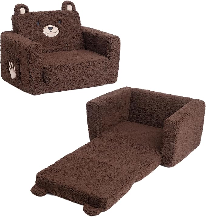 ALIMORDEN Fold Out Toddler Couch, Comfy 2-in-1 Cuddly Sherpa Bear Chair for Kids, Convertible Sofa to Lounger, Kids Cozy Corner Play Couch for Boys and Girls, Chocolate