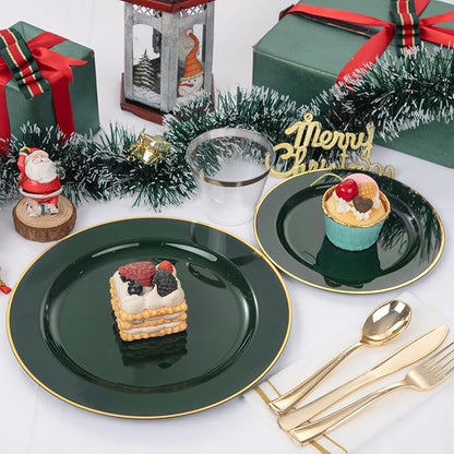 SUT 350PCS Green and Gold Plastic Plates for 50 Guests, Disposable Plates and Napkins Party Supplies, Gold Plastic Silverware, Plates, Cups and Napkins Sets，Party Plates and Cups and Napkins Sets