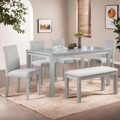 Dining Table Set for 5, 6 Piece Dining Room Table Set with Rectangular Crystal Decoration Table, 4 Upholstered Chairs and Bench, Counter Height Kitchen Sets with MDF Tabletop, Silver Gray