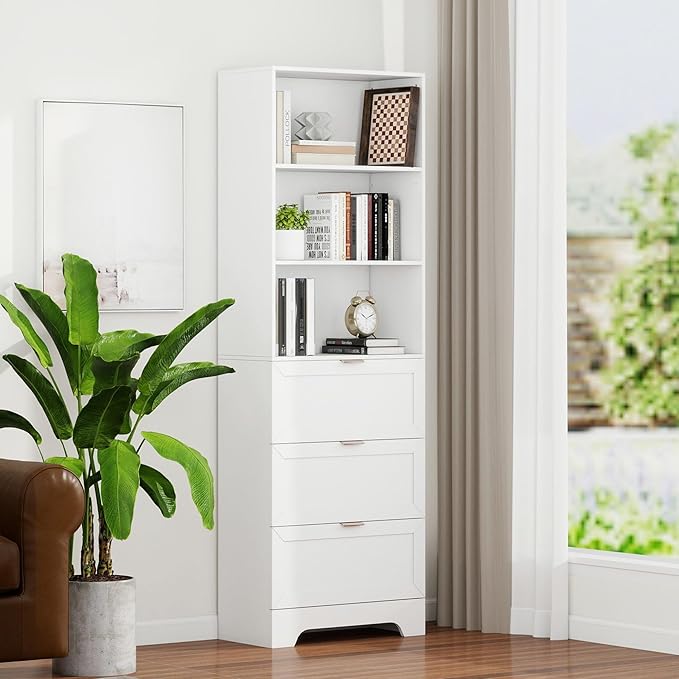 71" Tall Modern White Bookshelf with Storage 3 Drawers Freestanding Display Bookcase, Tall Book Shelf with Organizers and Storage, Display case for Home Office, Living Room,Study,White