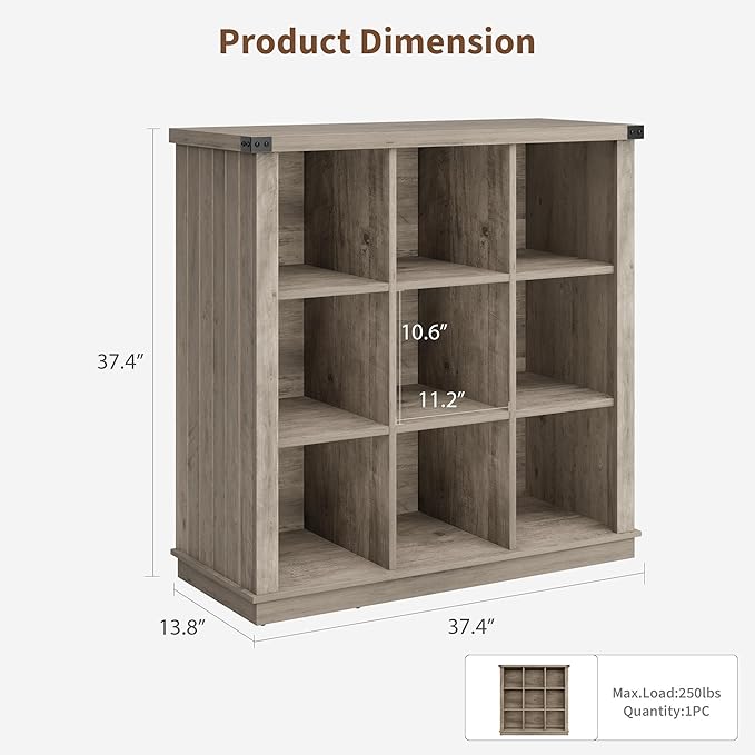 GarveeHome 9 Cube Storage Organizer Bookshelf, 4 Tier Farmhouse Horizontal Bookcase, 37.4 Inch Wood Storage Bookcase for Entryway, Long Low Bookshelves for Living Room-Grey